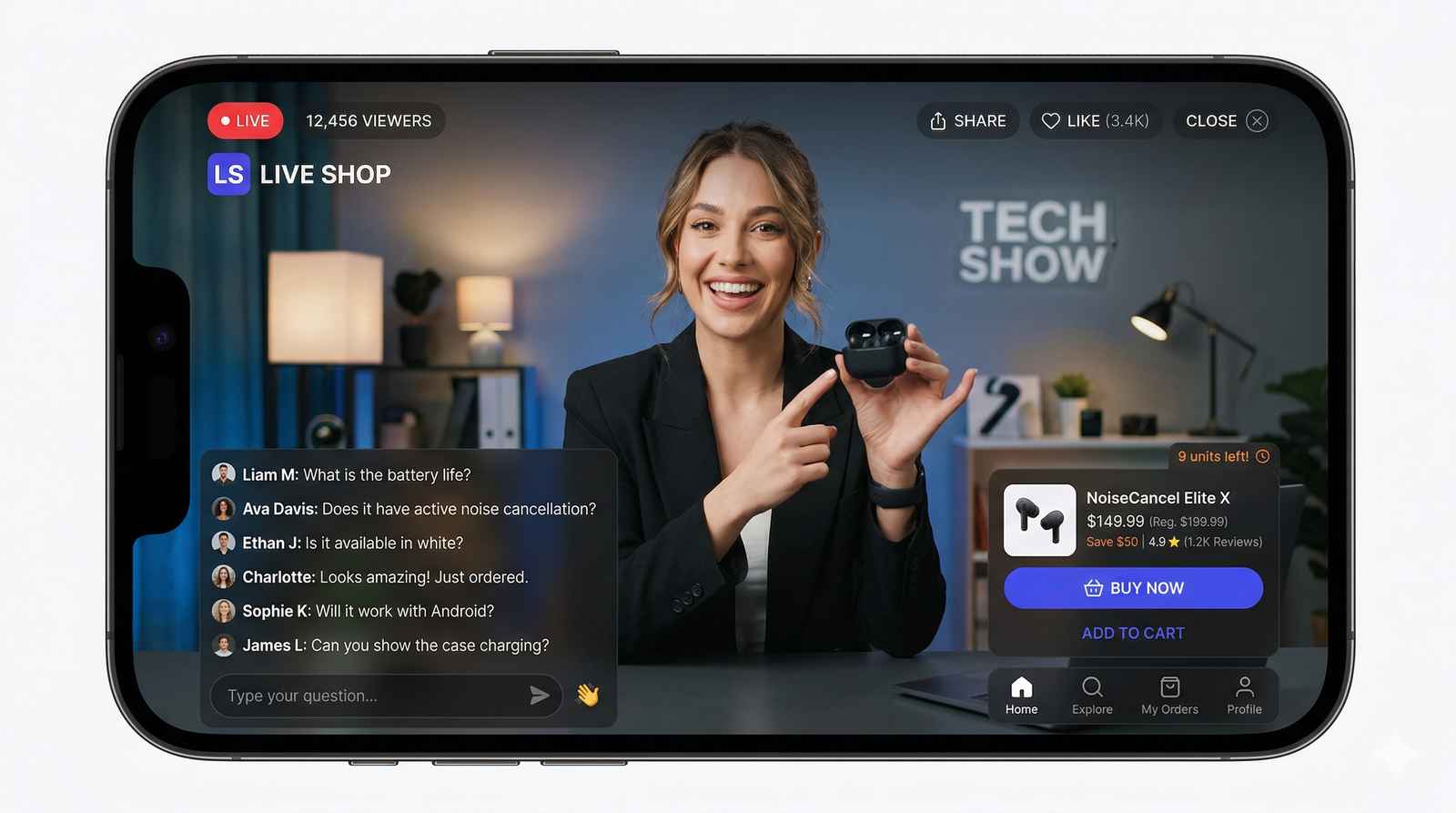 Demo showing a live online shopping broadcast with real-time chat and product purchase popups